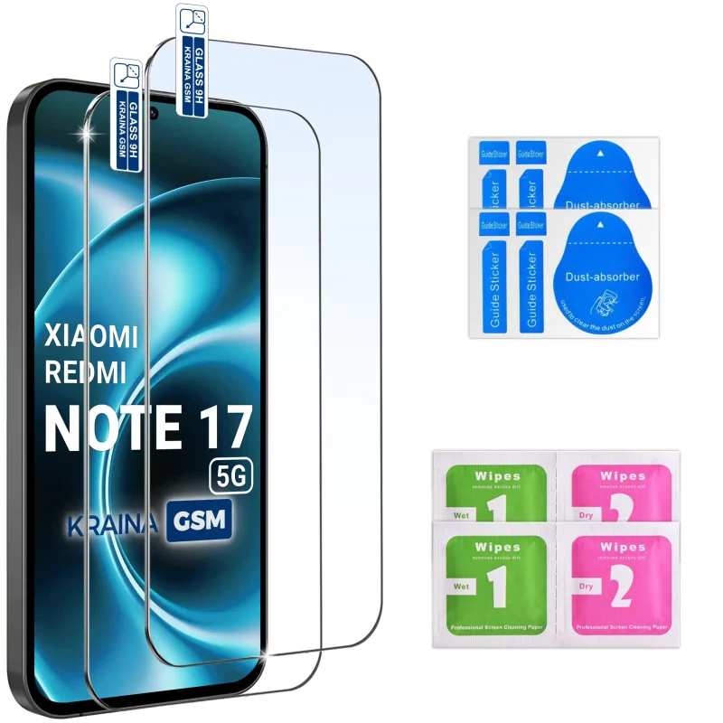 Dwa szkła hartowane 9H do Xiaomi Redmi Note 17 4G | 5G ze ściereczkami i naklejkami do montażu