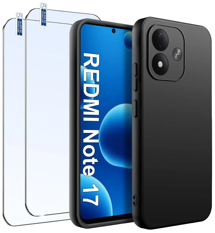 Czarne matowe etui do Xiaomi Redmi Note 17 4G | 5G z dwoma szkłami hartowanymi 9H widok przodu i tyłu telefonu