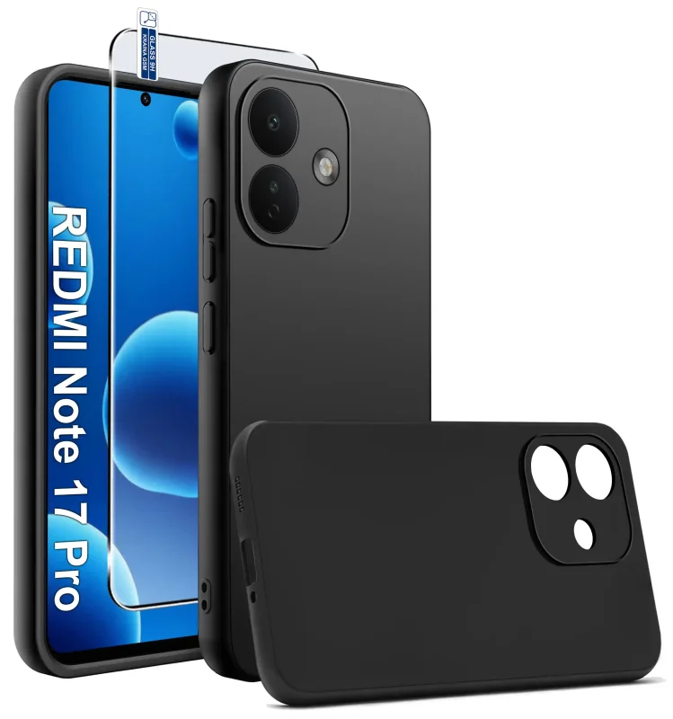 Czarne matowe etui silikonowe do Xiaomi Redmi Note 17 Pro 5G ze szkłem hartowanym 9H w zestawie
