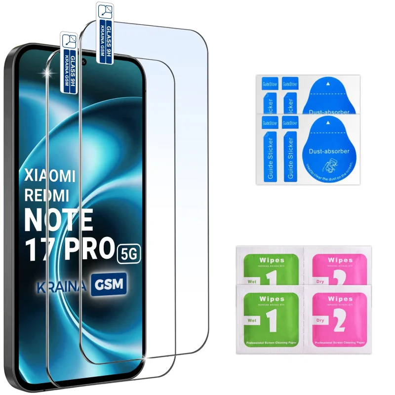 Dwa szkła hartowane 9H do Xiaomi Redmi Note 17 Pro 5G ze ściereczkami i naklejkami do montażu