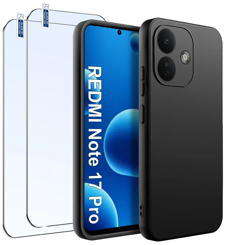 Czarne matowe etui do Xiaomi Redmi Note 17 Pro 5G z dwoma szkłami hartowanymi 9H widok przodu i tyłu telefonu