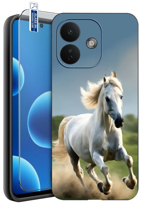 Etui do Xiaomi Redmi Note 17 Pro 5G z nadrukiem białego galopującego konia na tle zielonej łąki oraz szkłem hartowanym 9H w zestawie