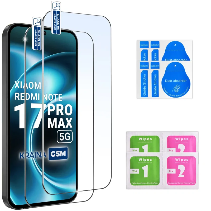 Dwa szkła hartowane 9H do Xiaomi Redmi Note 17 Pro Max 5G ze ściereczkami i naklejkami do montażu