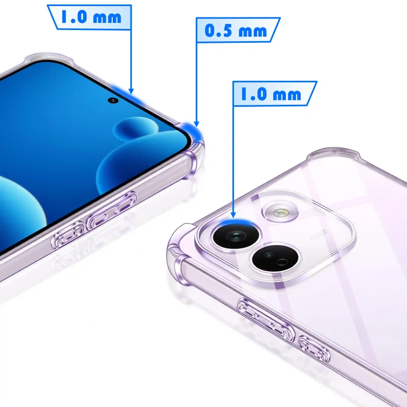 Zbliżenie na podwyższone ranty etui Anti-Shock do Xiaomi Redmi Note 17 Pro Max 5G z oznaczeniami wysokości ochrony ekranu i aparatów