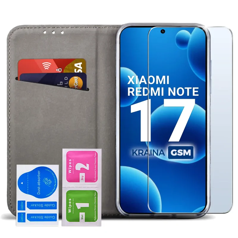 Burgundowe etui do Xiaomi Redmi Note 17 4G | 5G z kieszonką na karty, szkłem hartowanym 9H i akcesoriami montażowymi