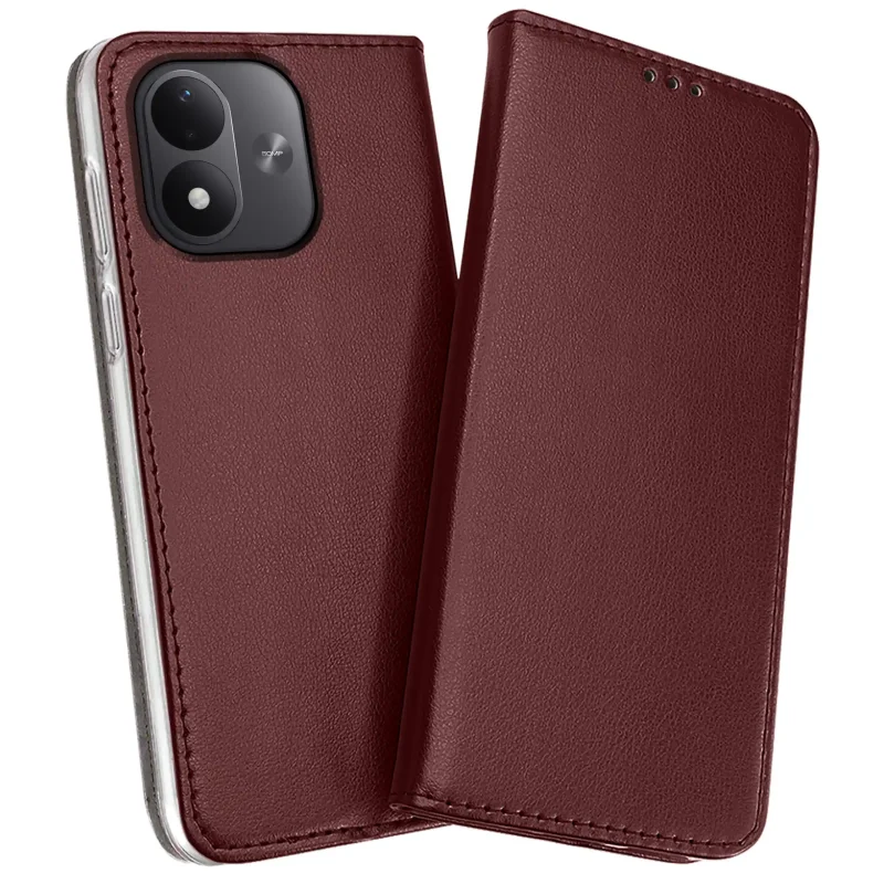 Burgundowe etui skórzane magnetyczne do Xiaomi Redmi Note 17 4G | 5G z widoczną przednią klapką i osłoną aparatów