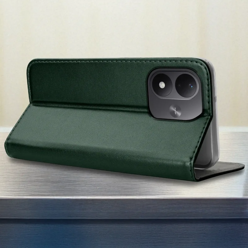 Zielone etui z klapką do Xiaomi Redmi Note 17 4G | 5G z funkcją podstawki i wycięciem na wyspę aparatów
