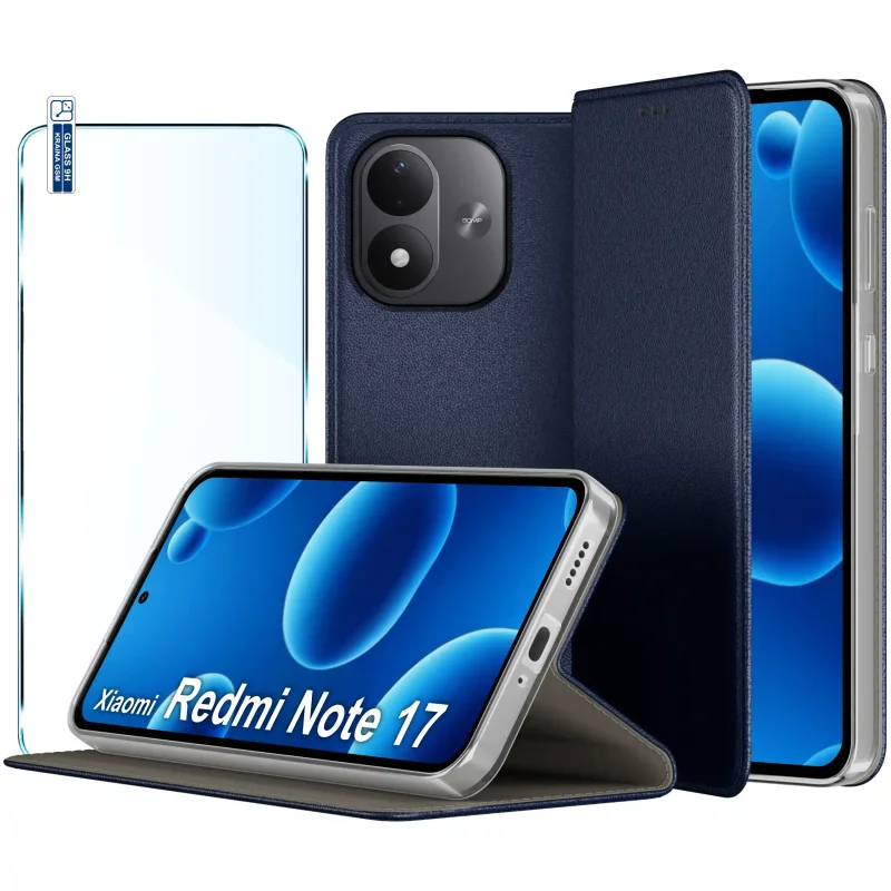 Granatowe etui z klapką do Xiaomi Redmi Note 17 4G | 5G magnetyczne ze szkłem hartowanym 9H i funkcją stojaka