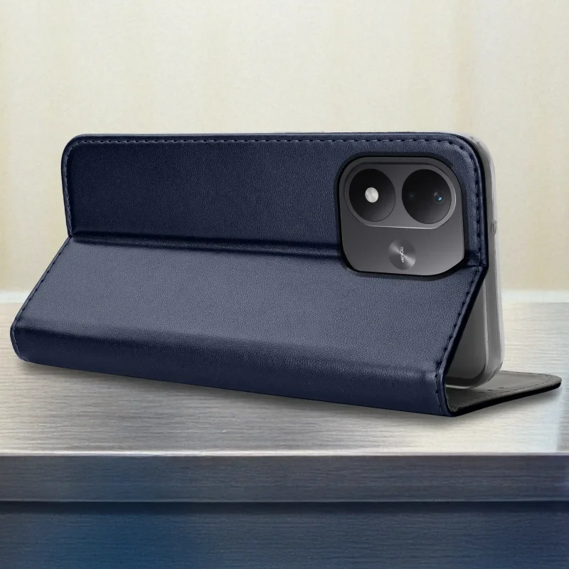 Granatowe etui z klapką do Xiaomi Redmi Note 17 4G | 5G z funkcją podstawki i wycięciem na wyspę aparatów