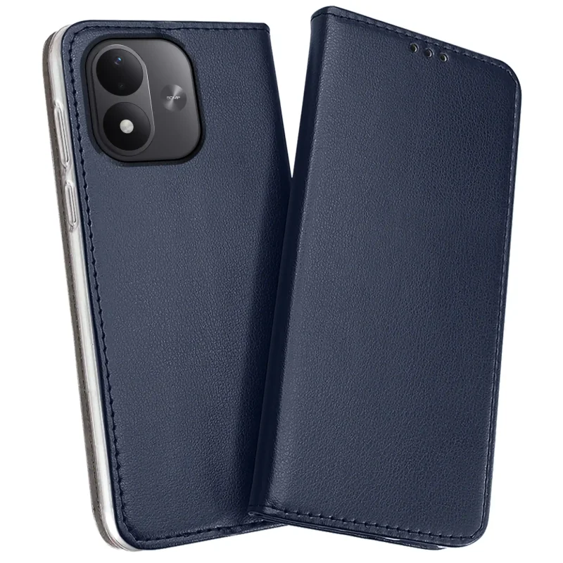 Granatowe etui skórzane magnetyczne do Xiaomi Redmi Note 17 4G | 5G z widoczną przednią klapką i osłoną aparatów