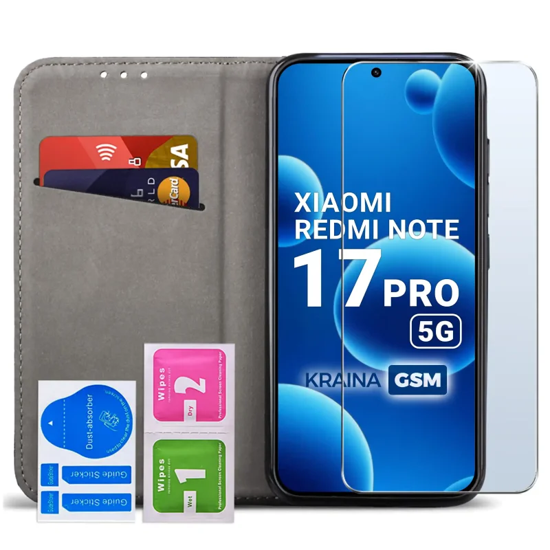 Czarne etui z klapką do Xiaomi Redmi Note 17 Pro 5G magnetyczne ze szkłem hartowanym 9H i funkcją stojaka