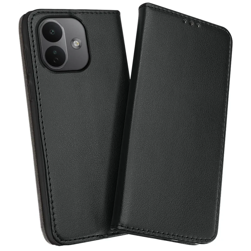 Czarne etui skórzane magnetyczne do Xiaomi Redmi Note 17 Pro 5G z widoczną przednią klapką i osłoną aparatów