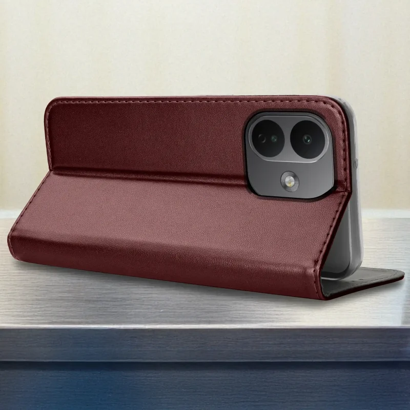 Burgundowe etui z klapką do Xiaomi Redmi Note 17 Pro 5G z funkcją podstawki i wycięciem na wyspę aparatów