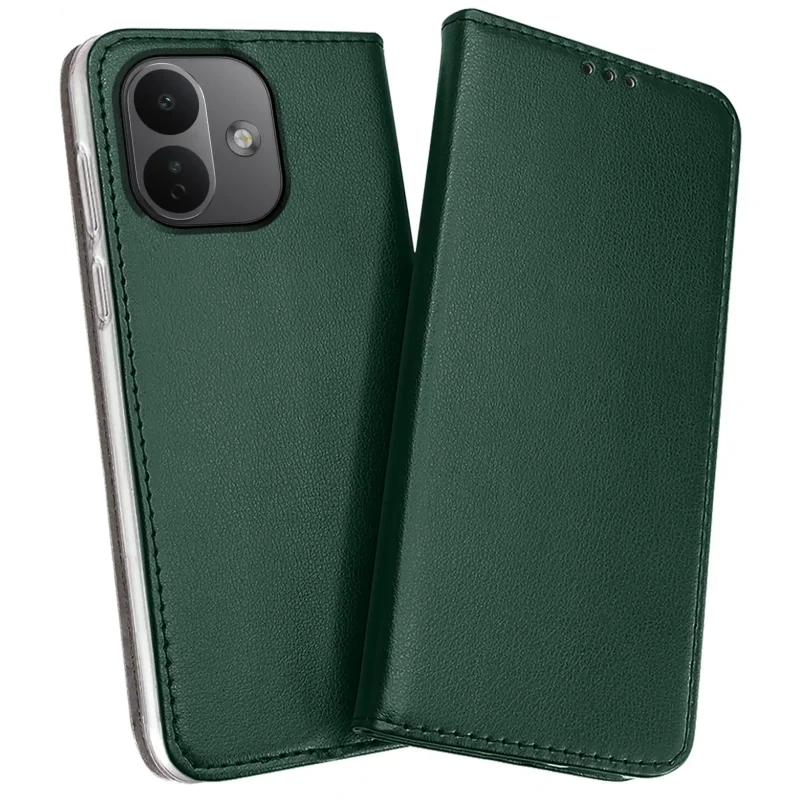 Zielone etui skórzane magnetyczne do Xiaomi Redmi Note 17 Pro 5G z widoczną przednią klapką i osłoną aparatów