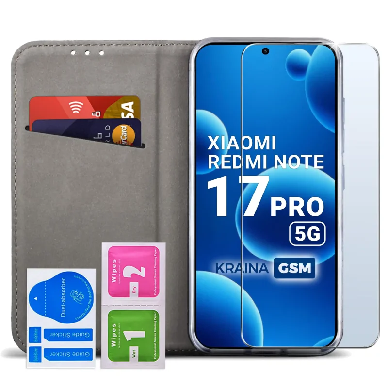 Granatowe etui z klapką do Xiaomi Redmi Note 17 Pro 5G magnetyczne ze szkłem hartowanym 9H i funkcją stojaka