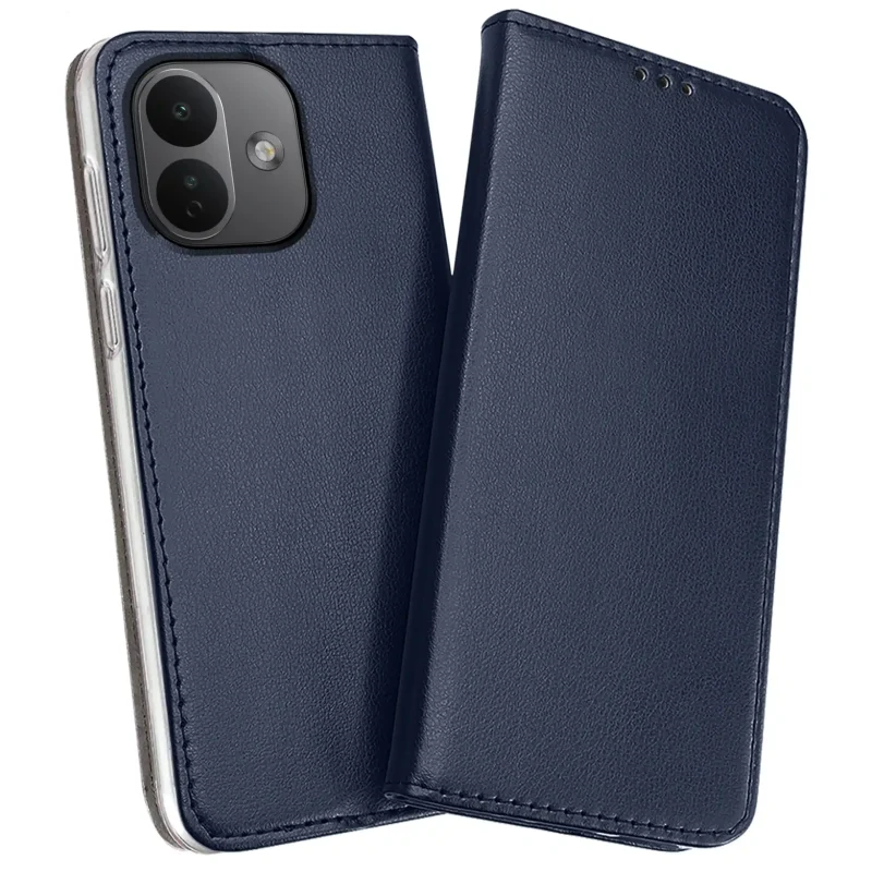 Granatowe etui skórzane magnetyczne do Xiaomi Redmi Note 17 Pro 5G z widoczną przednią klapką i osłoną aparatów