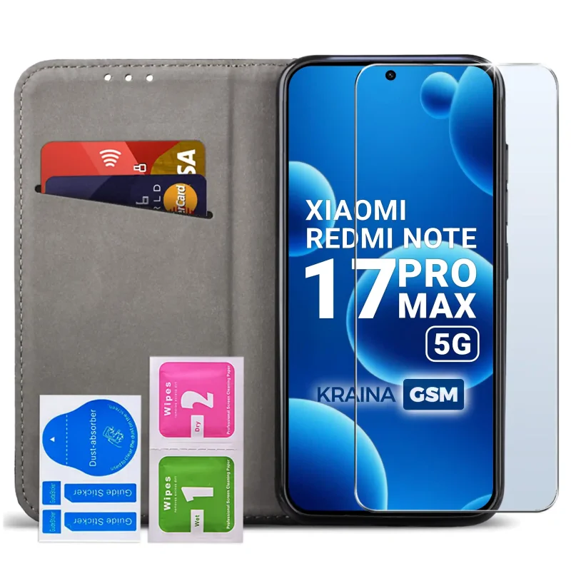 Czarne etui z klapką do Xiaomi Redmi Note 17 Pro Max 5G magnetyczne ze szkłem hartowanym 9H i funkcją stojaka