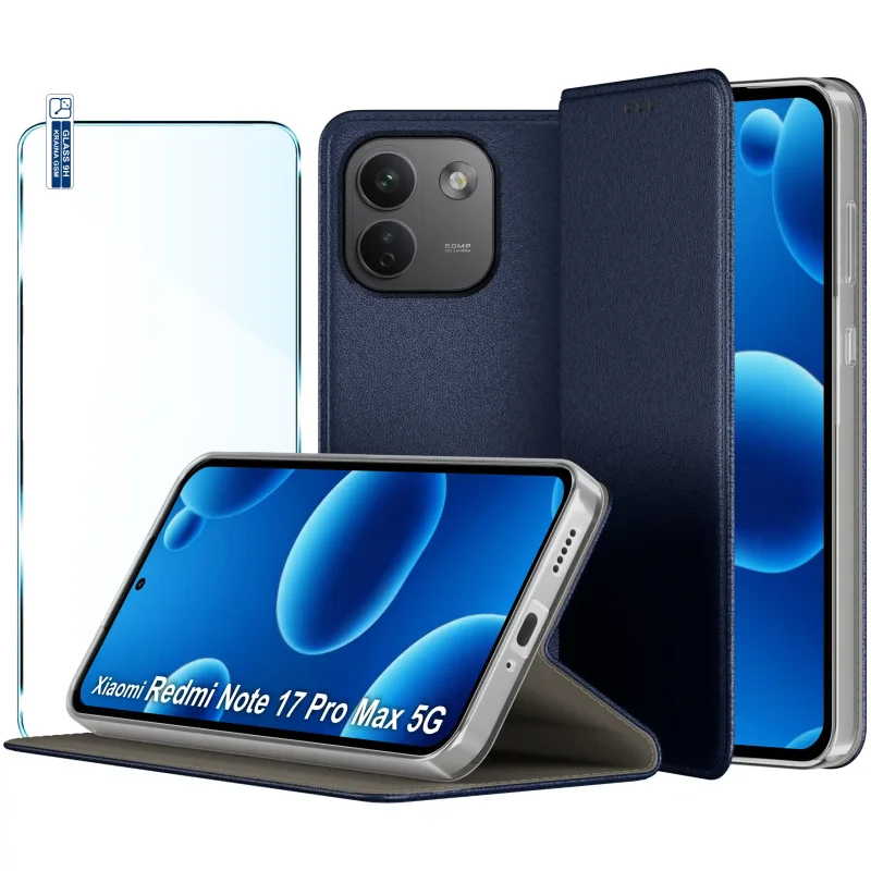 Granatowe etui z klapką do Xiaomi Redmi Note 17 Pro Max 5G magnetyczne ze szkłem hartowanym 9H i funkcją stojaka