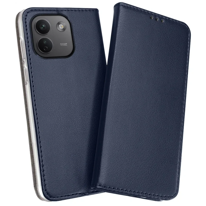 Granatowe etui skórzane magnetyczne do Xiaomi Redmi Note 17 Pro Max 5G z widoczną przednią klapką i osłoną aparatów