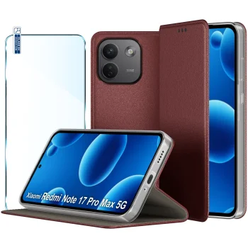 Etui do Xiaomi Redmi Note 17 Pro Max 5G burgundowe magnetyczne zamykane ze szkłem