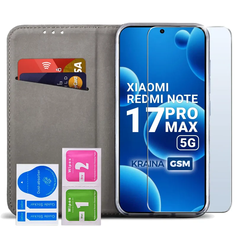 Burgundowe etui z klapką do Xiaomi Redmi Note 17 Pro Max 5G magnetyczne ze szkłem hartowanym 9H i funkcją stojaka