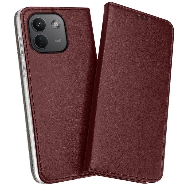 Burgundowe etui skórzane magnetyczne do Xiaomi Redmi Note 17 Pro Max 5G z widoczną przednią klapką i osłoną aparatów
