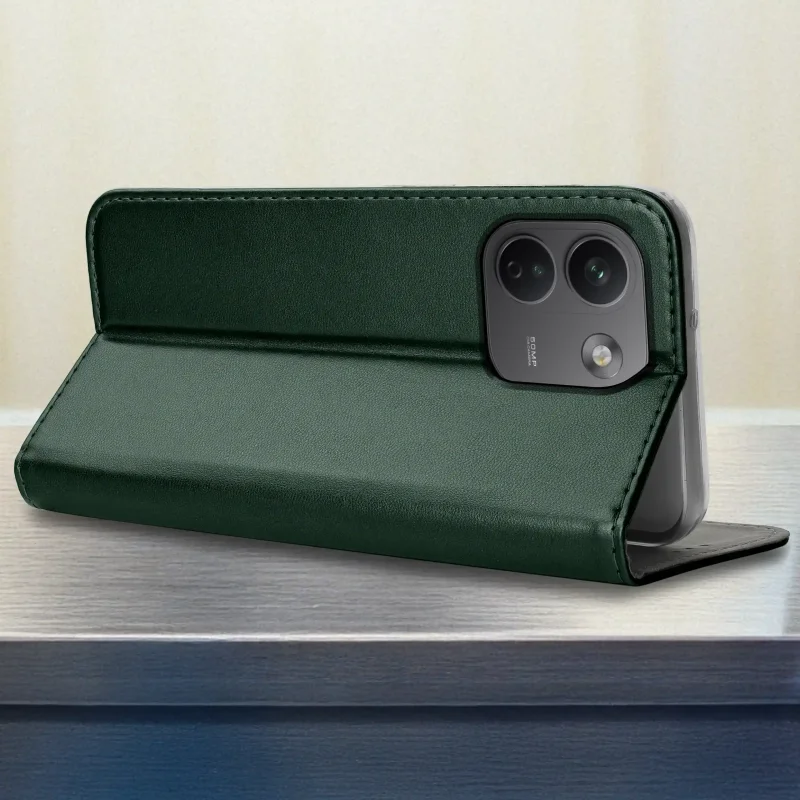 Zielone etui z klapką do Xiaomi Redmi Note 17 Pro Max 5G z funkcją podstawki i wycięciem na wyspę aparatów