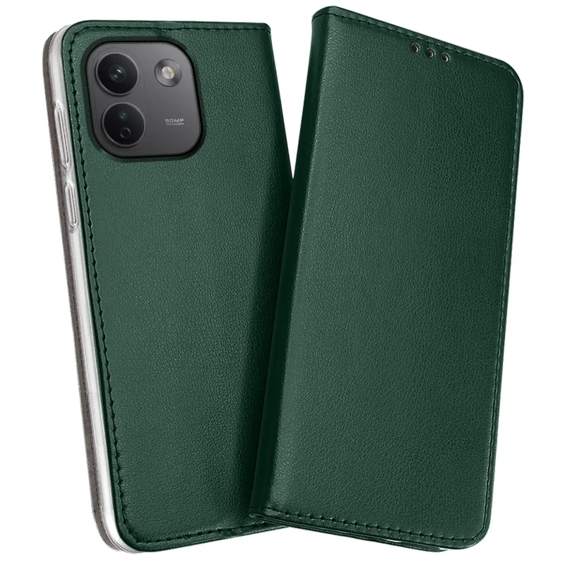Zielone etui skórzane magnetyczne do Xiaomi Redmi Note 17 Pro Max 5G z widoczną przednią klapką i osłoną aparatów