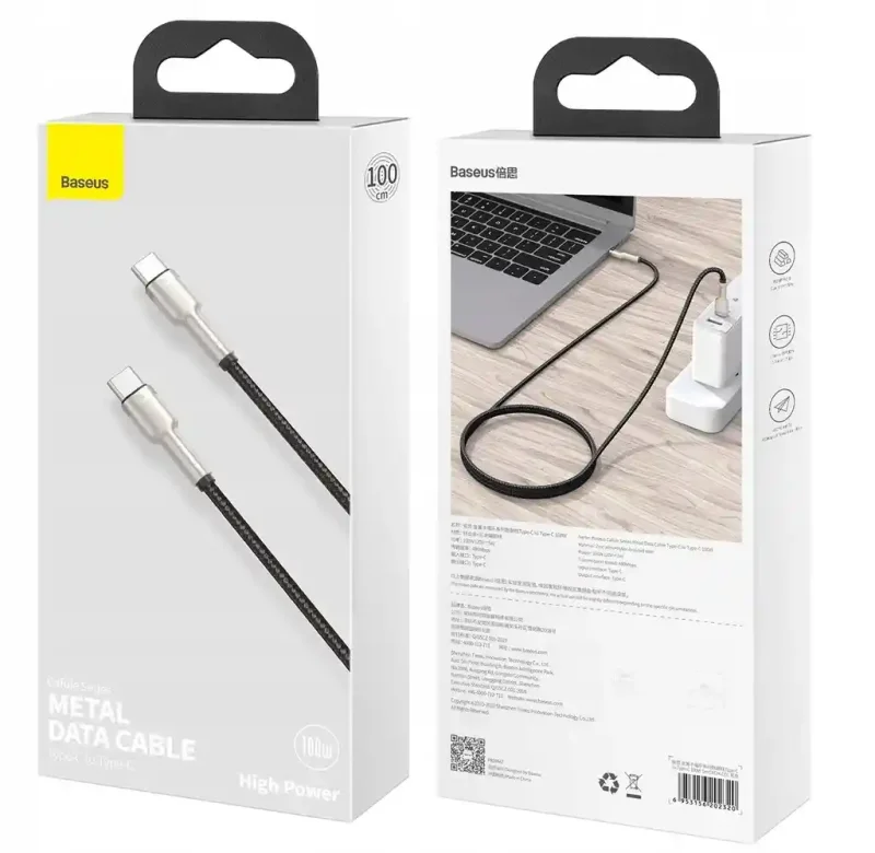 Kabel Baseus Cafule Metal Data Cable USB-C – USB-C 100W 1 m – przód i tył oryginalnego opakowania