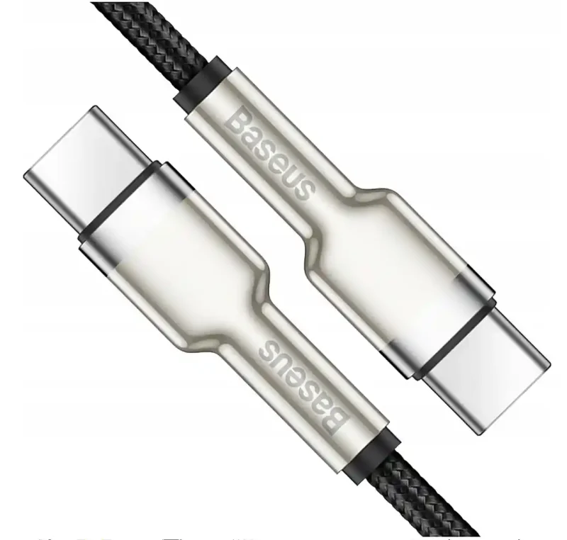 Kabel Baseus USB-C – USB-C 100W ze zbliżeniem na metalowe wtyki i czarny nylonowy oplot