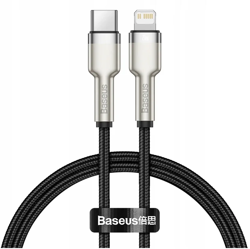 Krótki kabel Baseus USB-C – Lightning 20W 0,25 m z metalowymi końcówkami i czarnym nylonowym oplotem