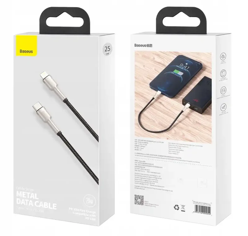 Oryginalne opakowanie kabla Baseus Cafule Metal USB-C – Lightning PD 20W o długości 25 cm, przód i tył