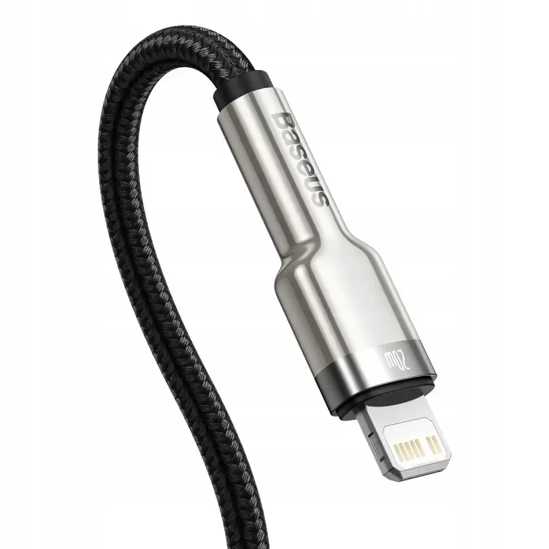 Elastyczny kabel Baseus Cafule Metal Lightning 20W z czarnym plecionym oplotem i metalową wtyczką