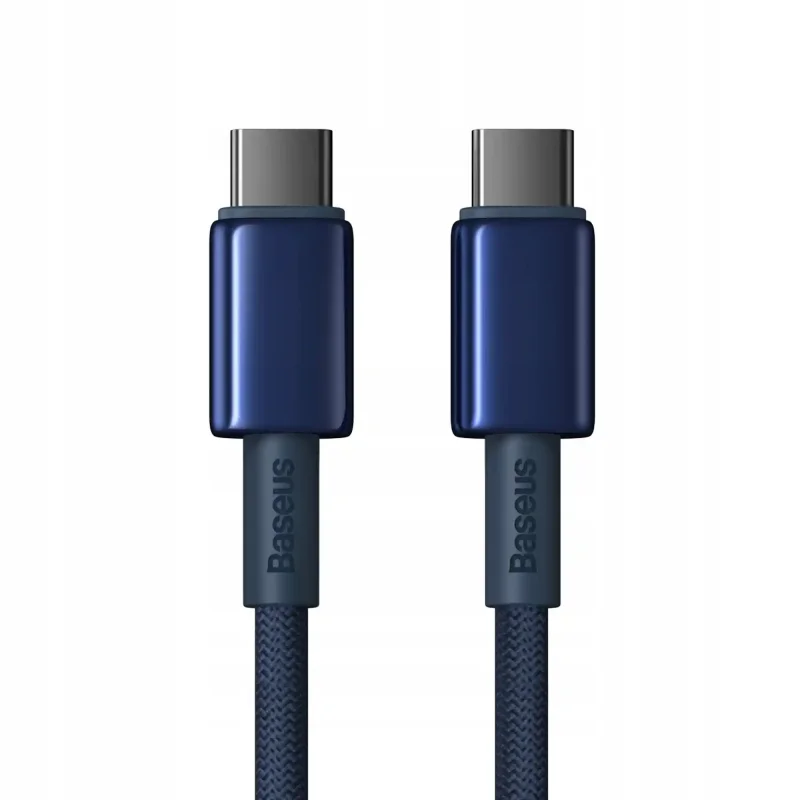 Dwie metalowe końcówki USB-C kabla Baseus Tungsten Gold 100W z granatowym wykończeniem