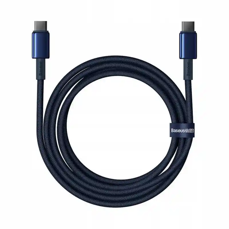 Kabel Baseus Tungsten Gold USB-C – USB-C 2 m zwinięty w okrąg z paskiem do organizacji przewodu