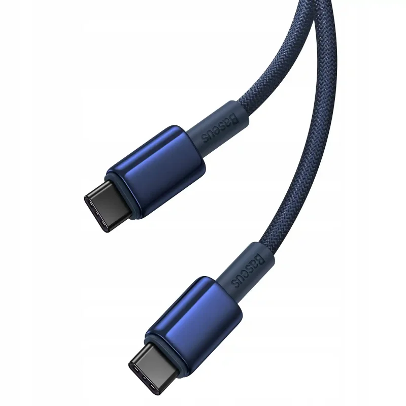 Dwie wtyczki USB-C kabla Baseus Tungsten Gold PD 100W z granatowymi metalowymi końcówkami i wzmocnieniem