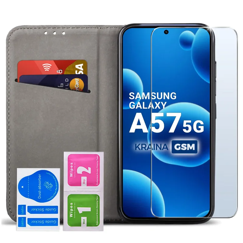 Czarne etui z klapką do Samsung Galaxy A57 5G magnetyczne ze szkłem hartowanym 9H i funkcją stojaka