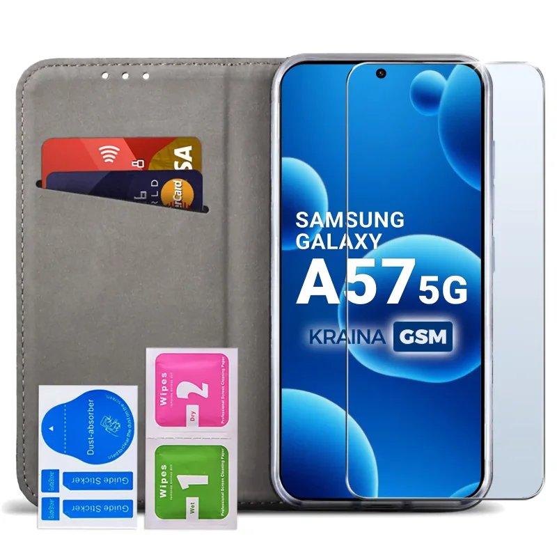 Burgundowe etui z klapką do Samsung Galaxy A57 5G magnetyczne ze szkłem hartowanym 9H i funkcją stojaka