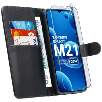 Etui do Samsung Galaxy M21 czarne magnetyczne z klapką ze szkłem