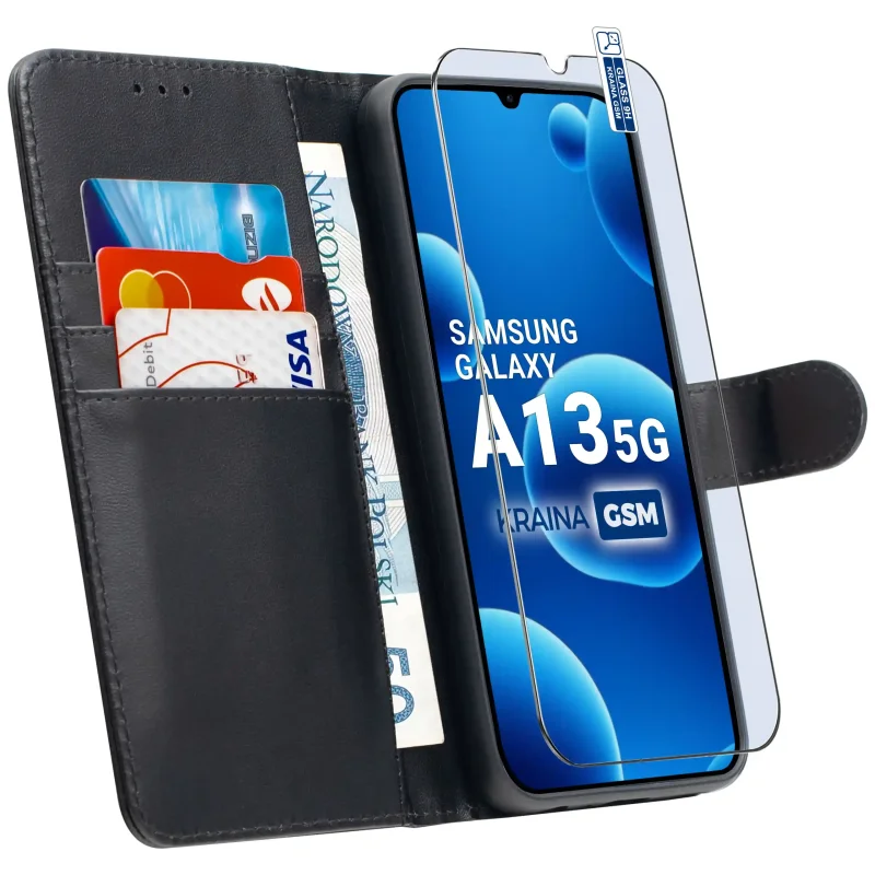 Etui skórzane czarne do Samsung Galaxy A13 5G z kieszonkami na karty, funkcją stojaka i szkłem hartowanym 9H