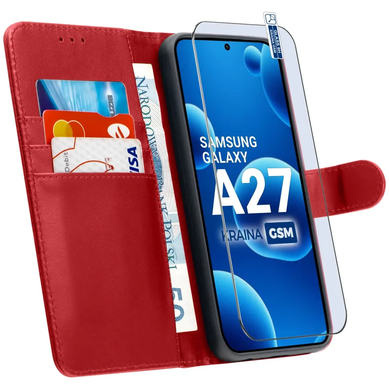 Czerwone etui skórzane do Samsung Galaxy A27 5G z kieszonkami na karty, funkcją stojaka i szkłem hartowanym 9H