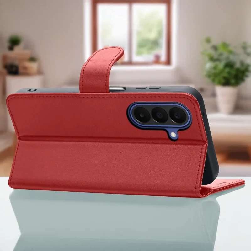 Czerwone etui skórzane do Samsung Galaxy A27 5G z funkcją stojaka umożliwiającą wygodne oglądanie filmów i rozmowy wideo