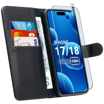 Etui do iPhone 17 | 18 czarne magnetyczne z klapką ze szkłem