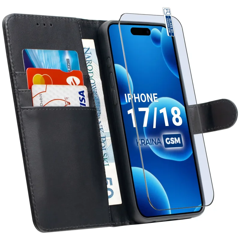 Czarne etui skórzane do iPhone 17 | 18 z kieszonkami na karty, funkcją stojaka i szkłem hartowanym 9H