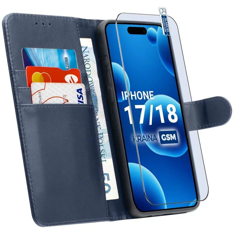 Granatowe etui skórzane do iPhone 17 | 18 z kieszonkami na karty, funkcją stojaka i szkłem hartowanym 9H