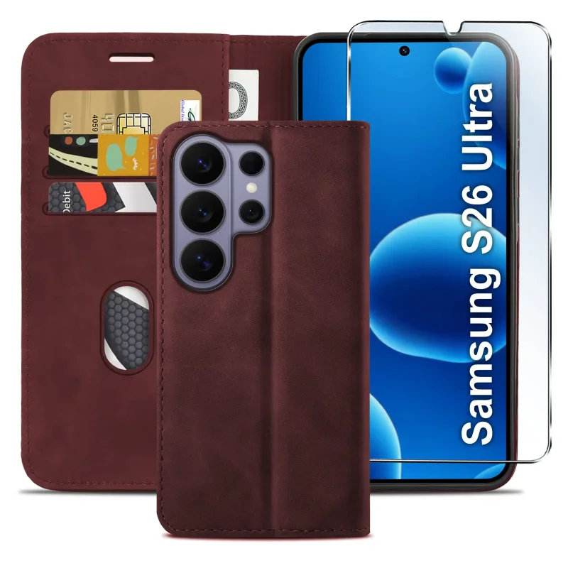 Zestaw bordowe etui z klapką Velvet do Samsung Galaxy S26 Ultra i szkło hartowane 9H, widok wnętrza oraz plecków