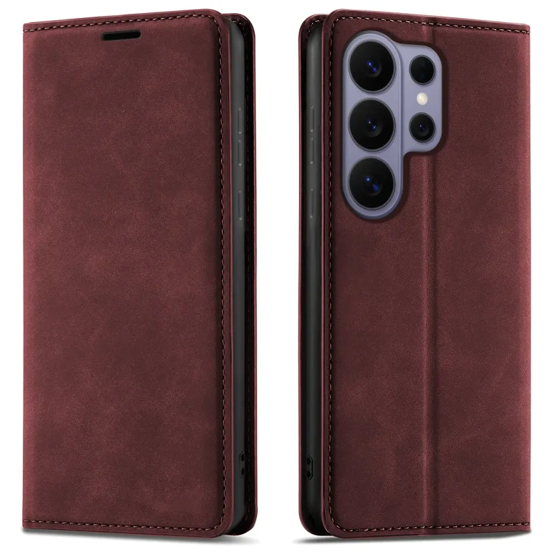 Bordowe etui skórzane Velvet z klapką do Samsung Galaxy S26 Ultra, widok przodu i tyłu pokrowca z wycięciem na aparat