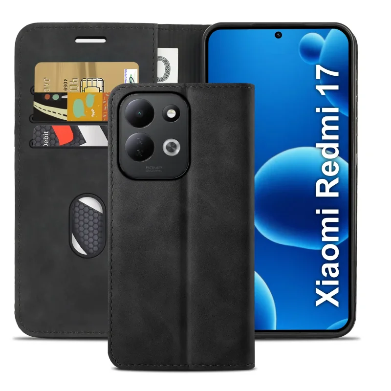 Czarne etui z klapką do Xiaomi Redmi 17 4G | 5G z trzema kieszonkami na karty oraz przegrodą na banknoty