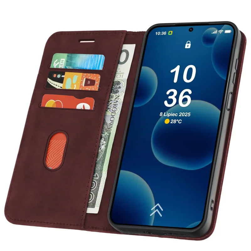 Bordowe etui portfelowe Velvet do Xiaomi Redmi 17 4G | 5G z kieszonkami na karty i przegrodą na banknoty