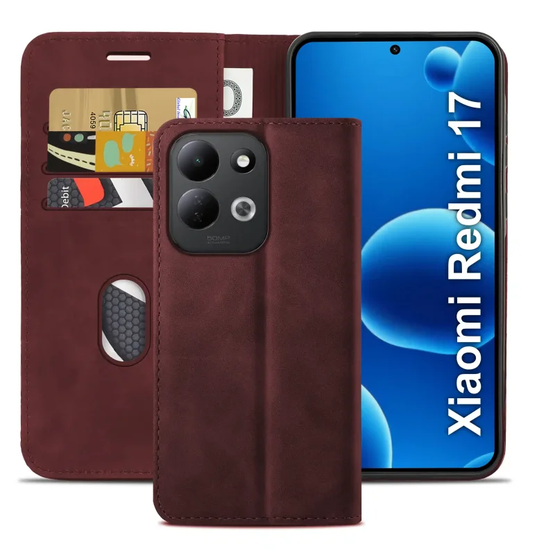 Bordowe etui z klapką do Xiaomi Redmi 17 4G | 5G z trzema kieszonkami na karty oraz przegrodą na banknoty